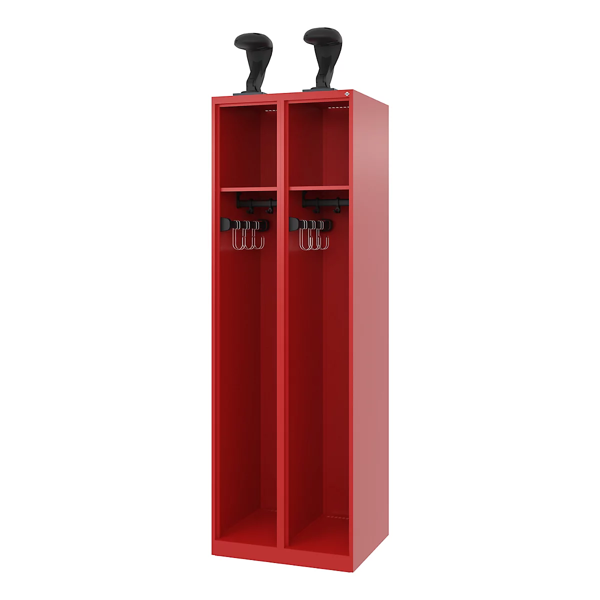 C+P brandweerkluis Evolo, model EXPERT, 2 vakken, B 600 x D 500 x H 1850 mm, vloerglijders, helmhouder, vuurrood RAL 3000