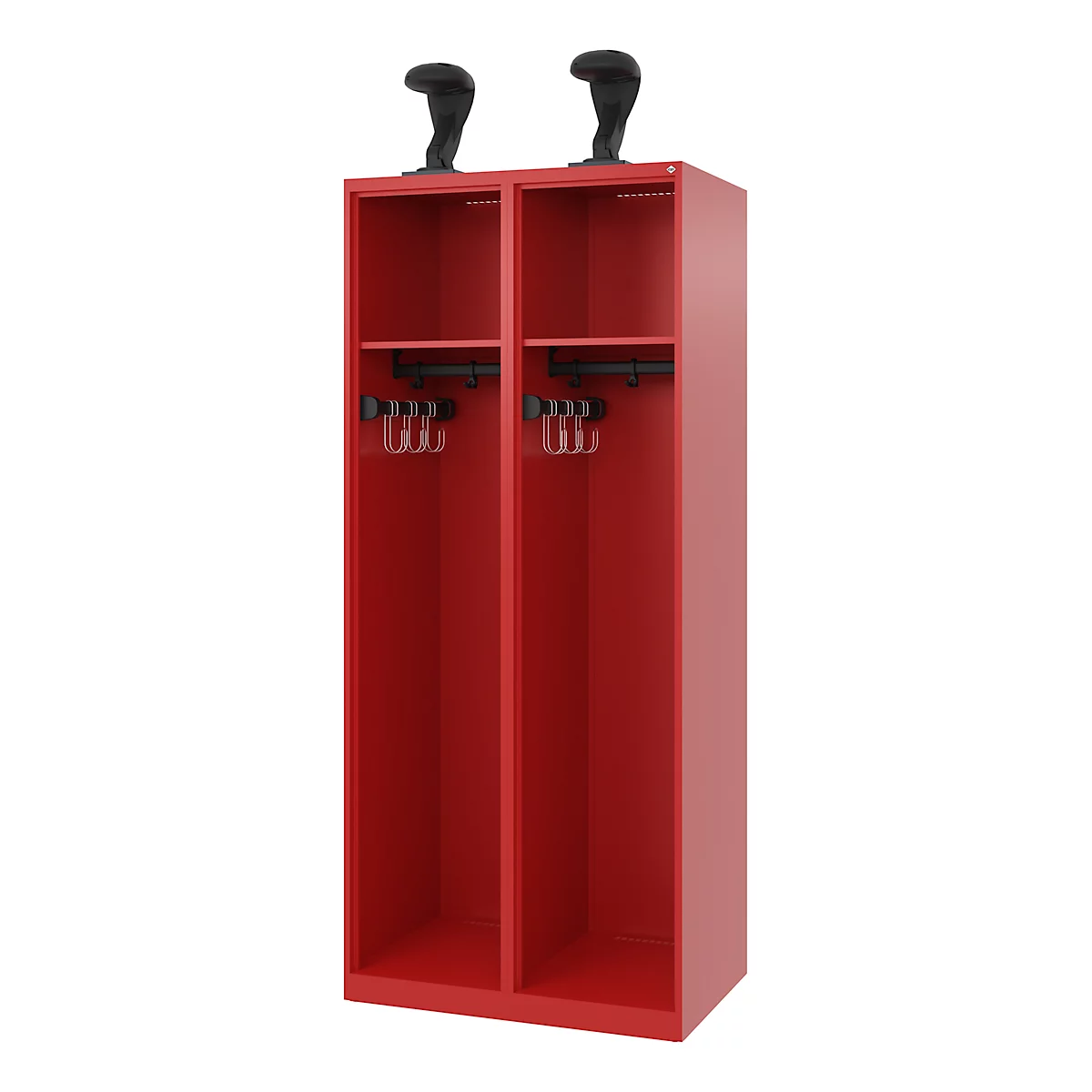 C+P brandweerkluis Evolo, model EXPERT, 2 vakken, B 800 x D 500 x H 1850 mm, vloerglijders, helmhouder, vuurrood RAL 3000