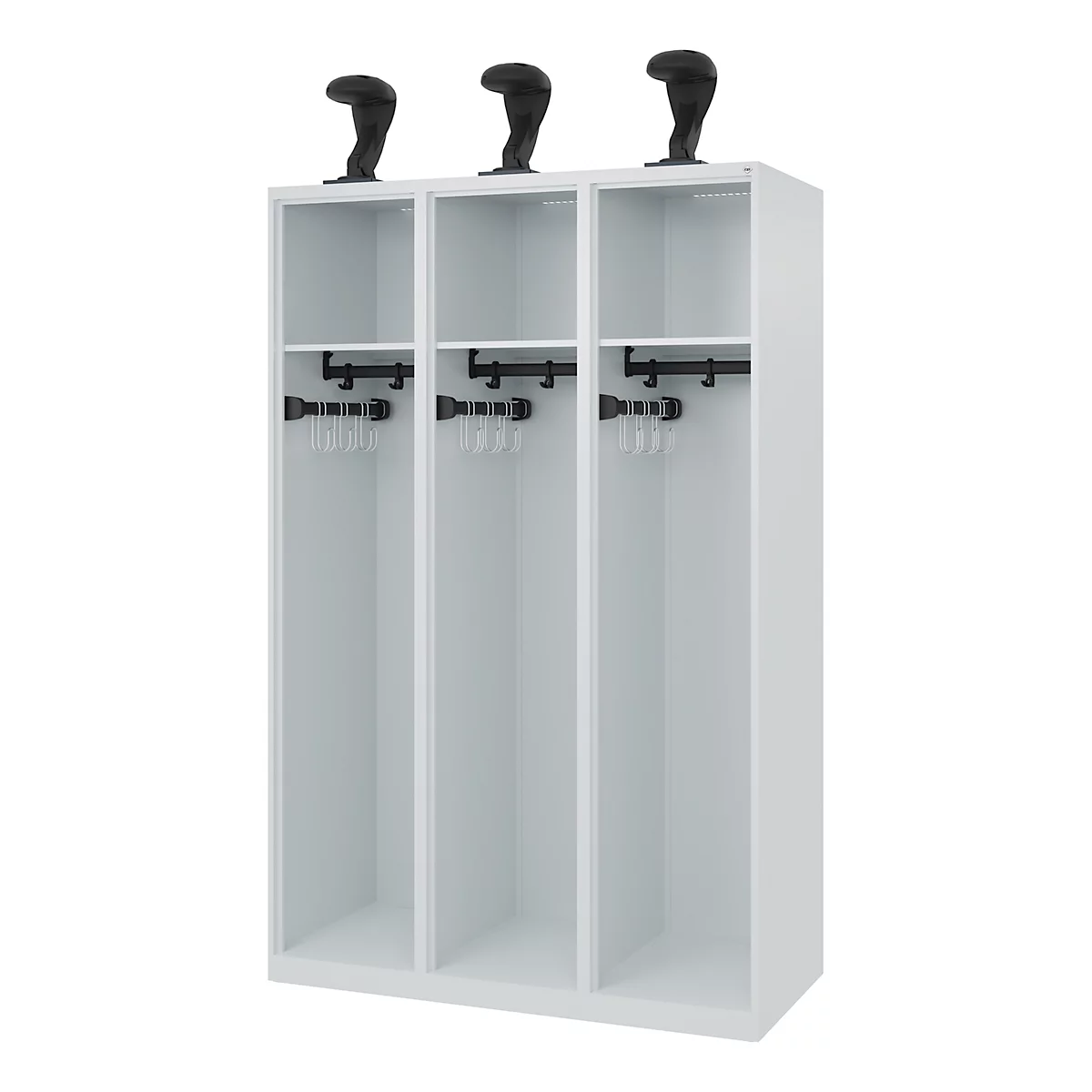 C+P brandweerkluis Evolo, model EXPERT, 3 vakken, B 1200 x D 500 x H 1850 mm, vloerglijders, helmhouder, lichtgrijs RAL 7035