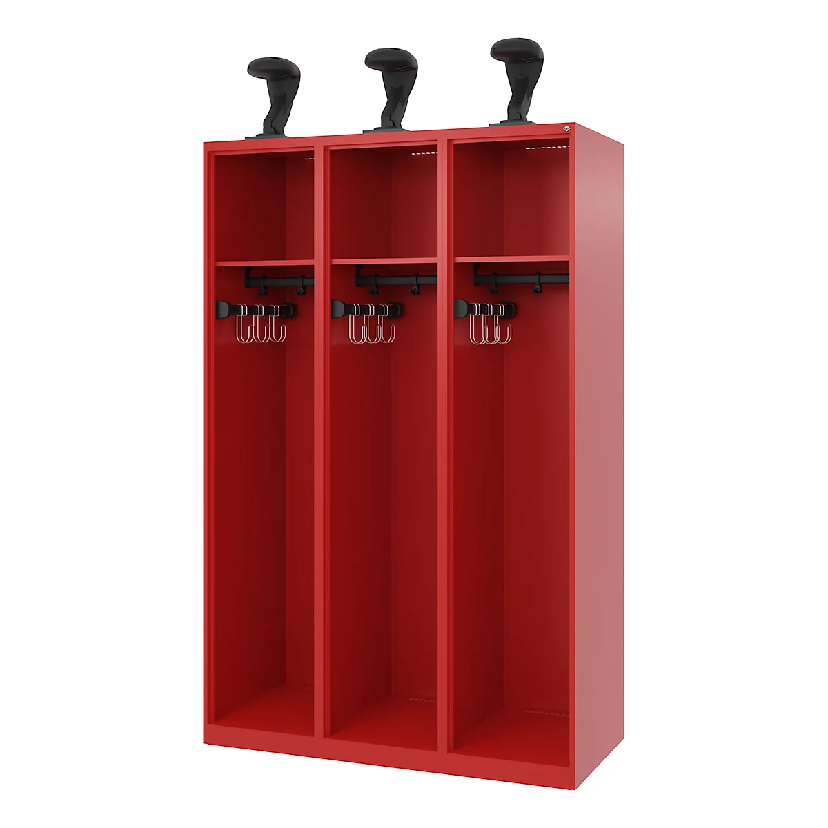 C+P brandweerkluis Evolo, model EXPERT, 3 vakken, B 1200 x D 500 x H 1850 mm, vloerglijders, helmhouder, vuurrood RAL 3000