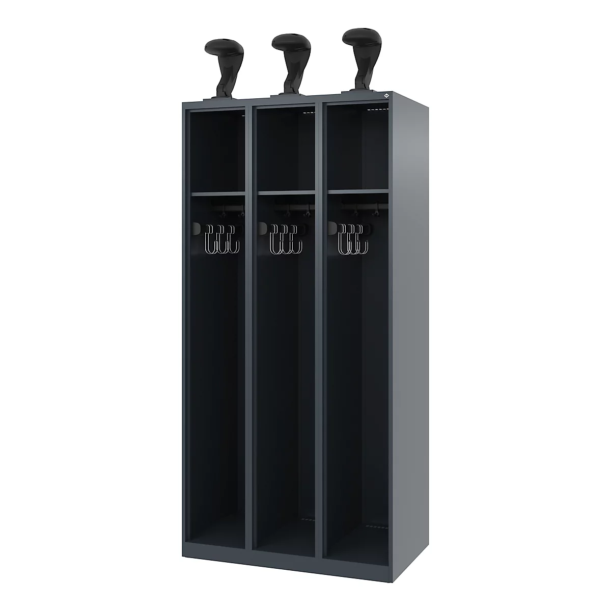 C+P brandweerkluis Evolo, model EXPERT, 3 vakken, B 900 x D 500 x H 1850 mm, vloerglijders, helmhouder, antracietgrijs RAL 7016