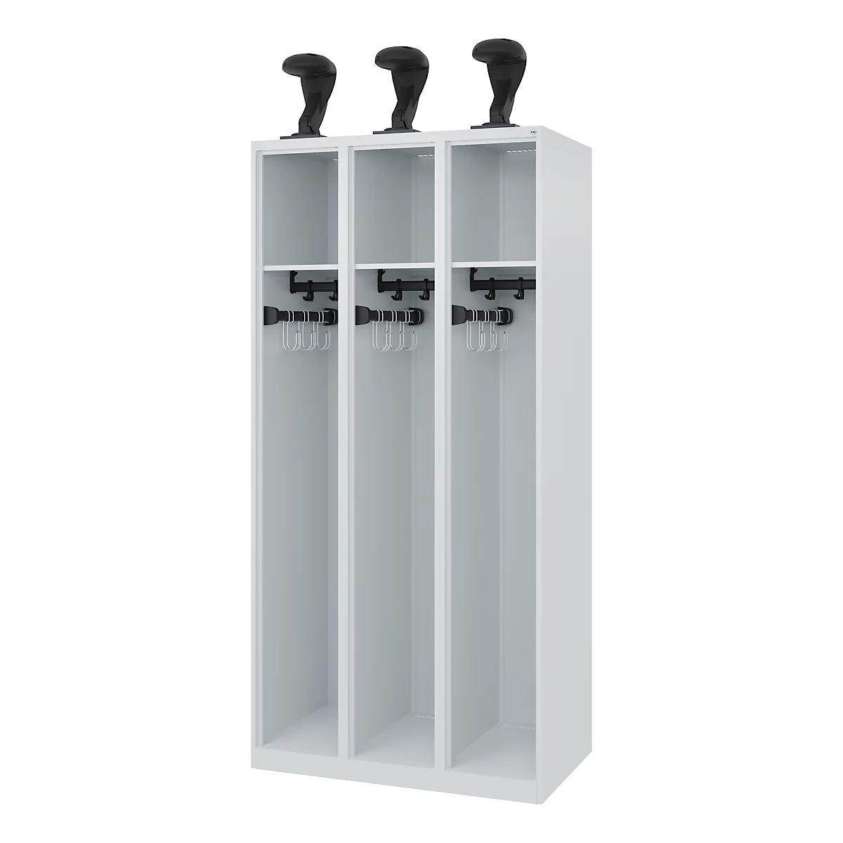 C+P brandweerkluis Evolo, model EXPERT, 3 vakken, B 900 x D 500 x H 1850 mm, vloerglijders, helmhouder, lichtgrijs RAL 7035