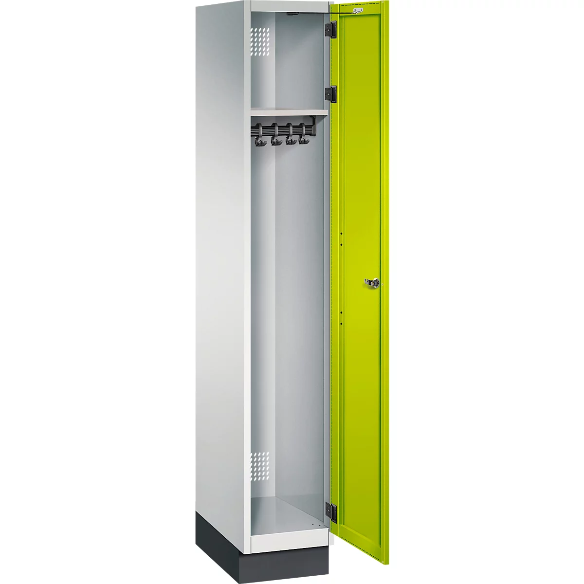Een geopende locker met een witte kast en een neongroene deur. Binnenin een kledingrek met haken.