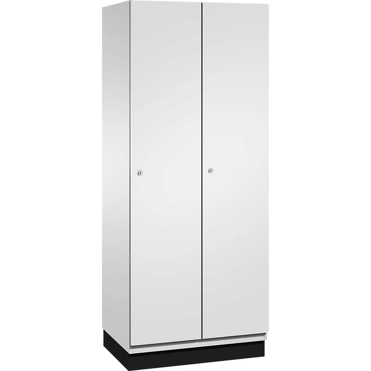 Witte kast met twee deuren. Grijze deurframes en handgrepen. Zwarte voet.