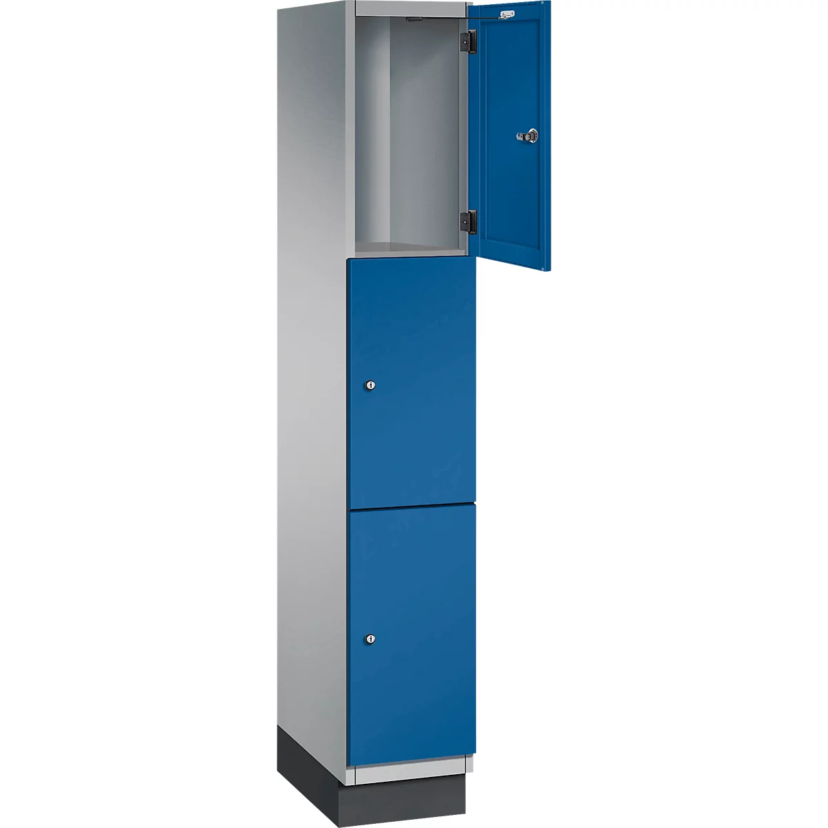 Een kast met twee blauwe deuren, waarvan er een open is. De kast is tweekleurig: grijs en blauw.
