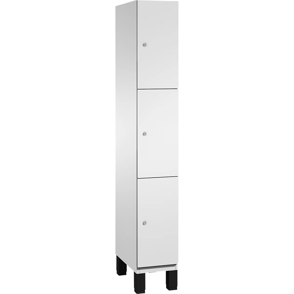 Witte kast met drie deuren, zilveren knoppen en zwarte poten.