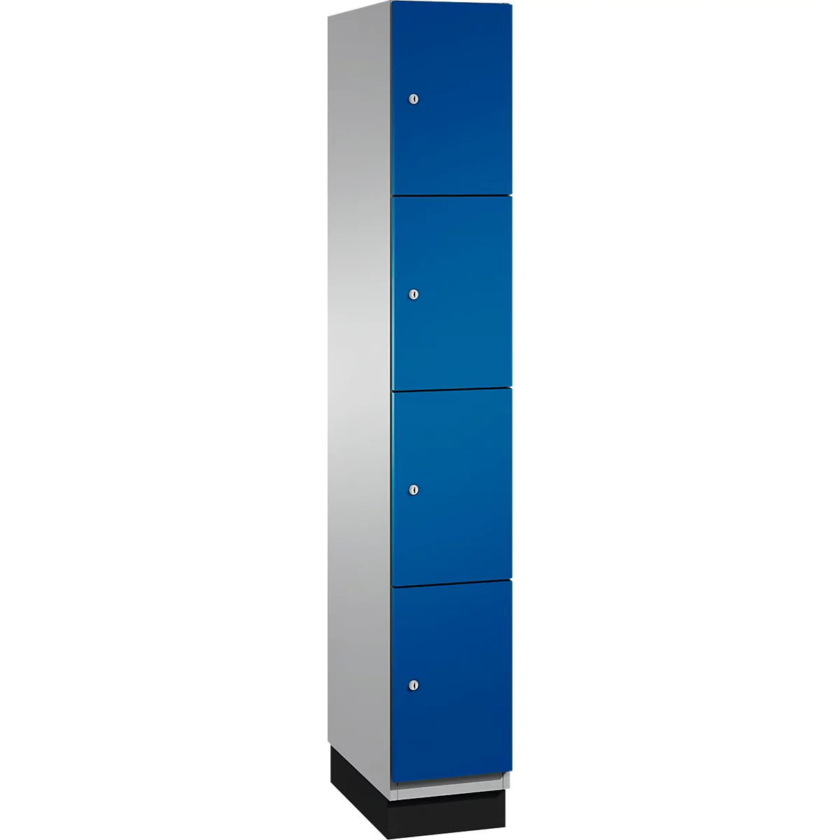 Kast met vijf blauwe deuren, zilveren zijkant en zwarte voet. Elke deur heeft een kleine zilveren knop.