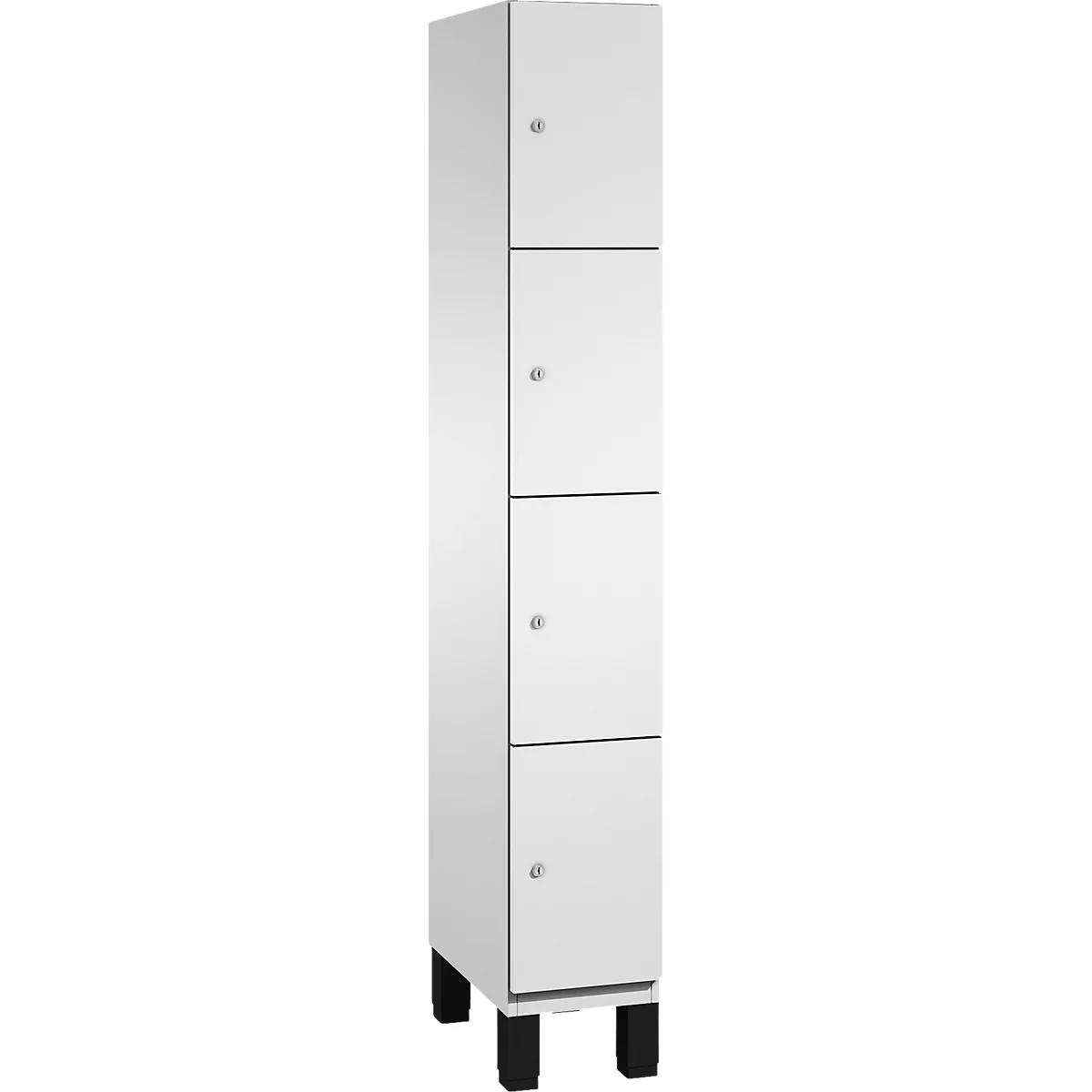 Witte kast met vier lades, zwarte poten en kleine handgrepen.