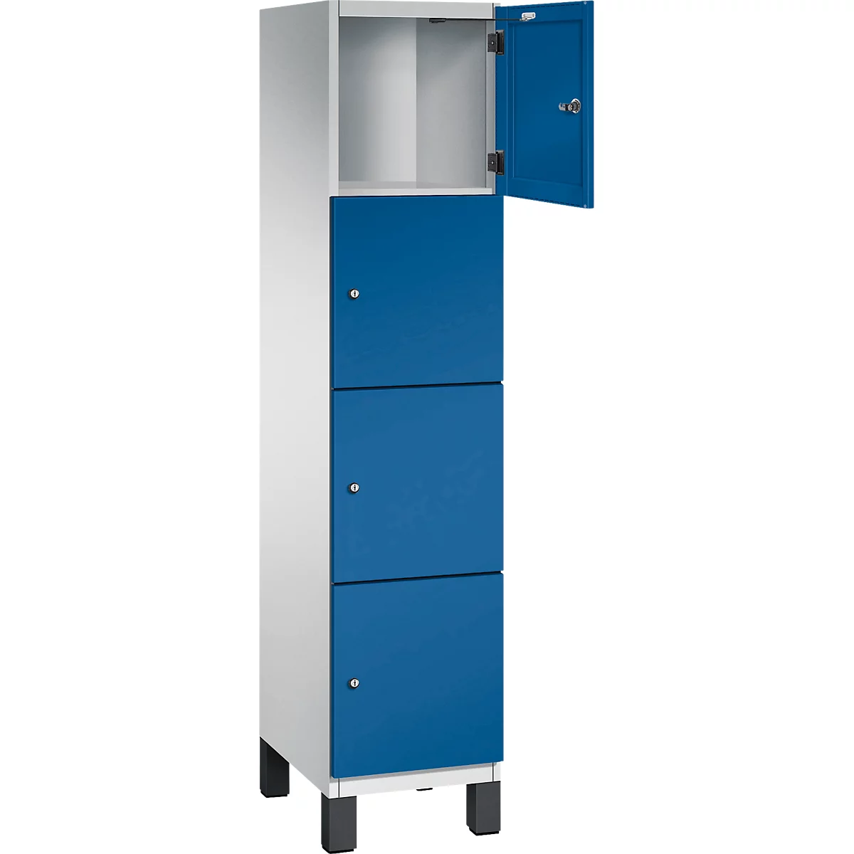 Kast met drie blauwe deuren, een deur open, op voetjes.