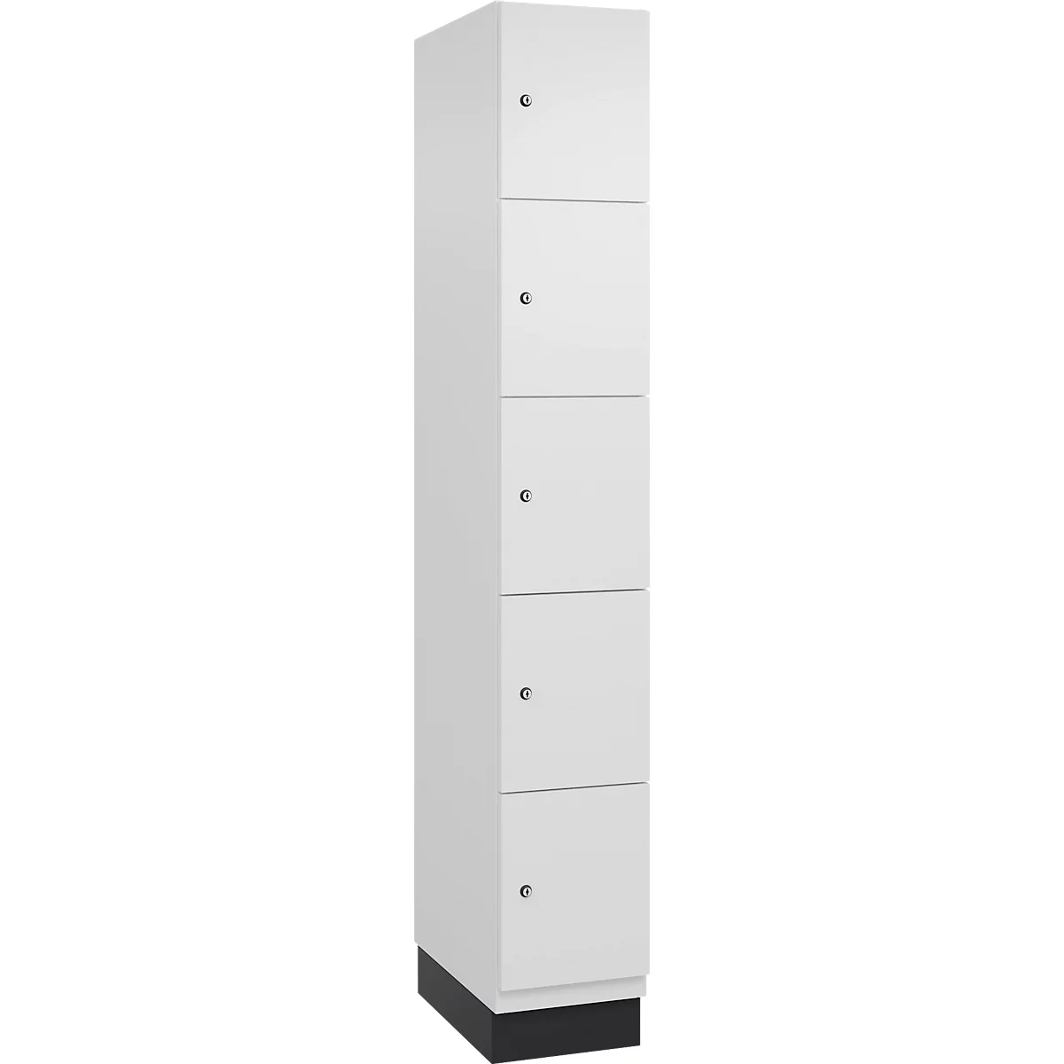 Witte hoge kast met zes lades, kleine knoppen en zwarte sokkel.