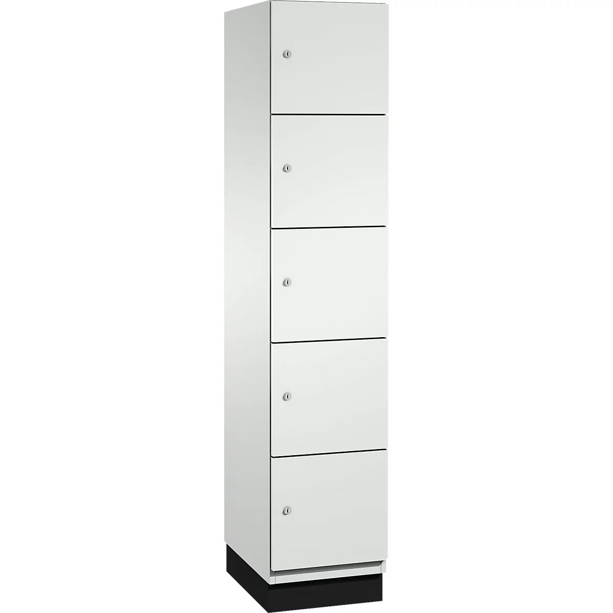 Witte kast met vijf compartimenten, elk met een kleine knop. Staat op zwarte basis.