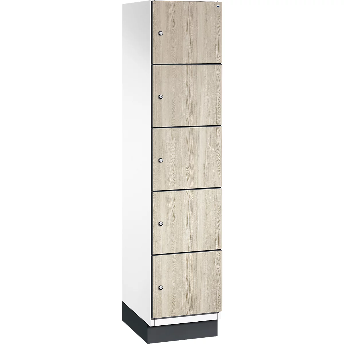 Kast met vijf compartimenten in houtlook, grijze handgrepen, rechts, wit, links. Op donkere basis.