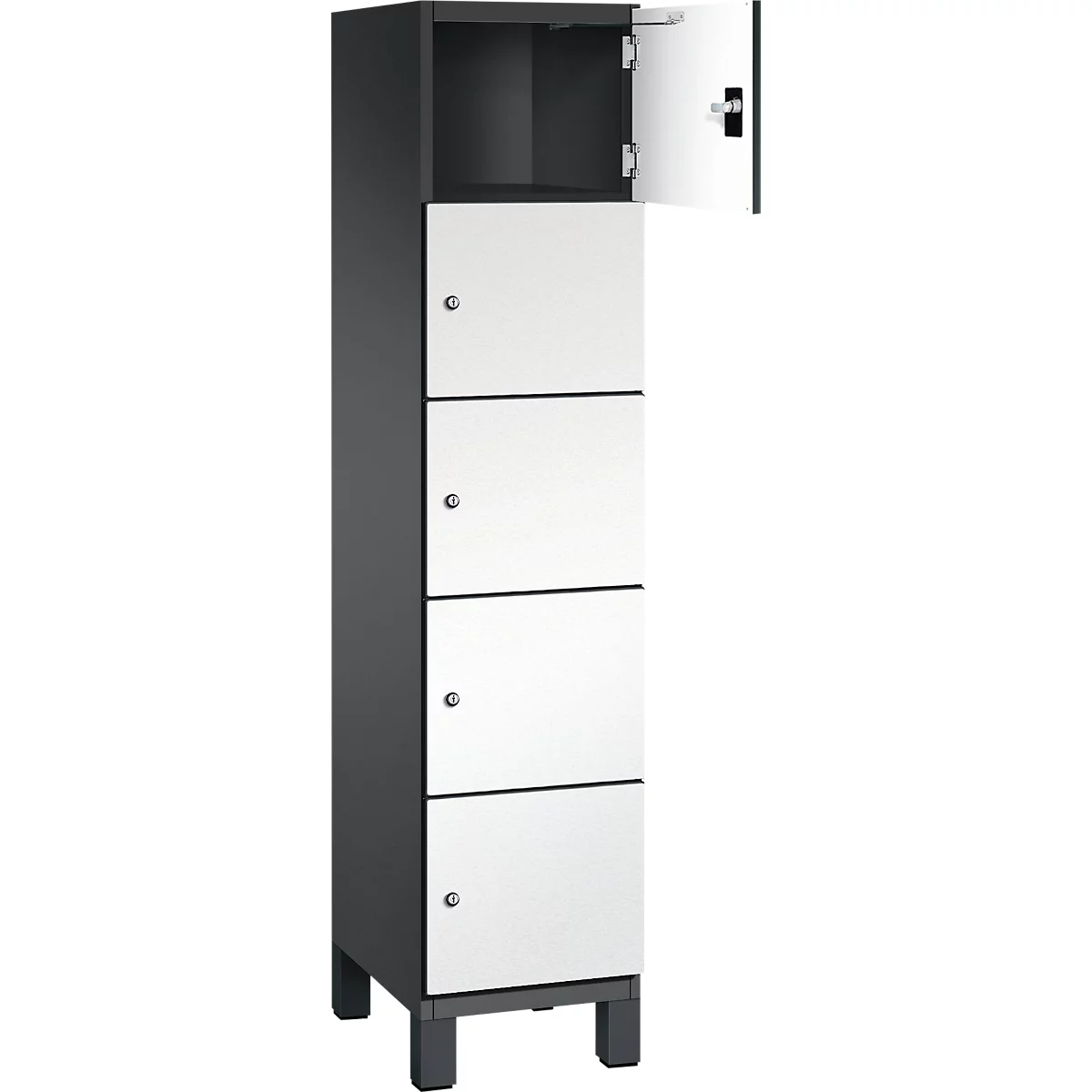 Grijze locker met witte deuren. Eén deur is open.