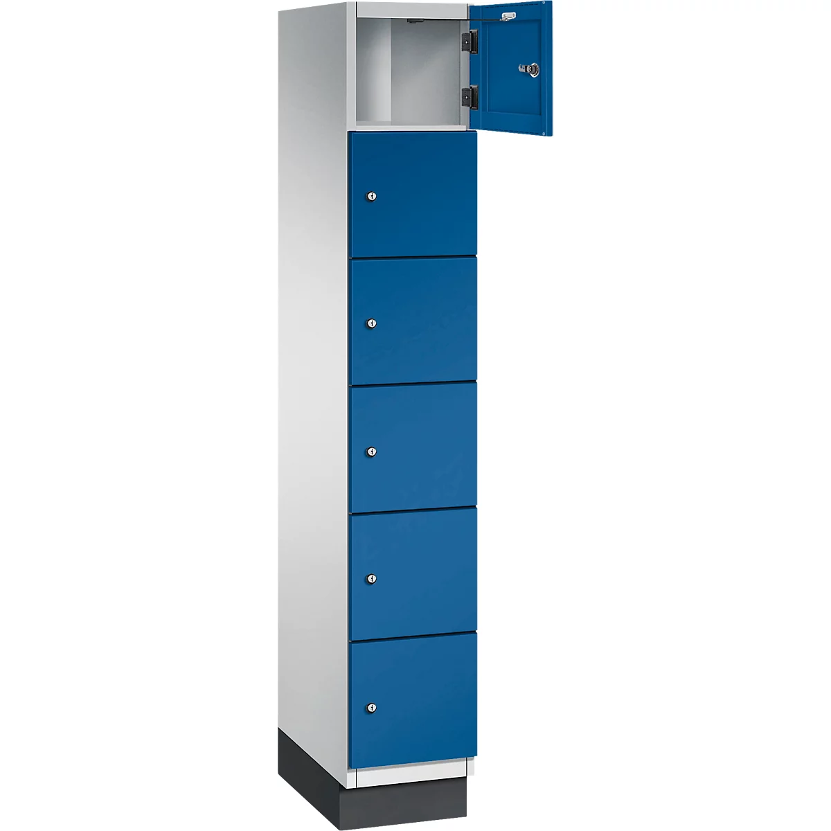 Blauw en wit stalen lockersysteem met 5 compartimenten. Eén deur is open.