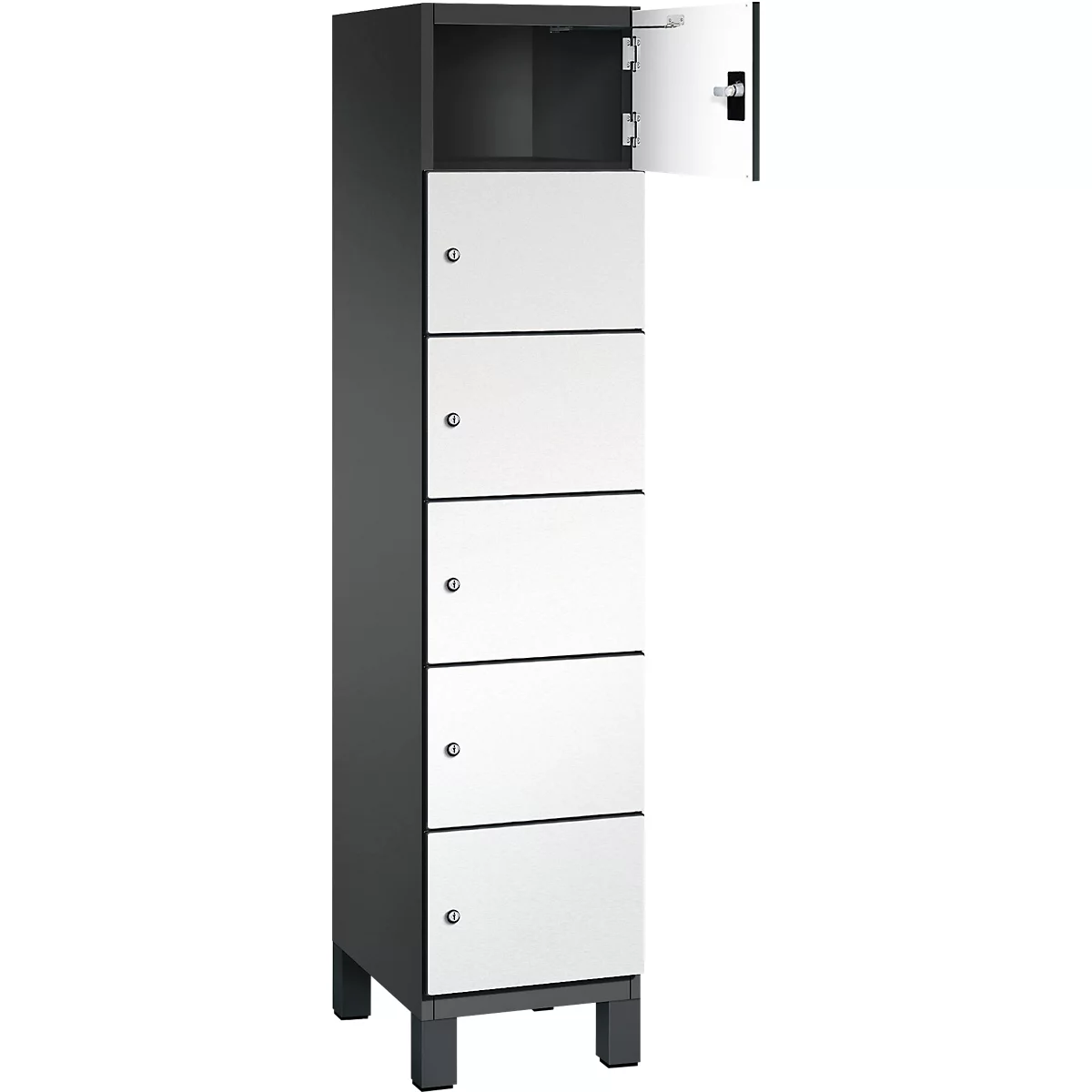 Antraciete kast met 5 witte deuren. De bovenste deur is open. Een detail is het sluitmechanisme.