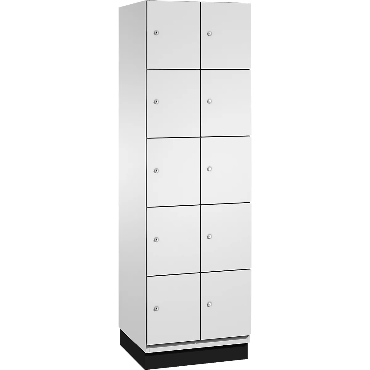 Een witte kast met tien deuren, zilveren knoppen en een zwarte basis.