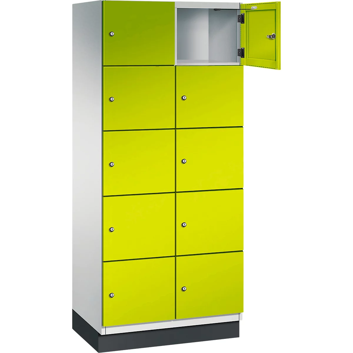 Neon groene locker met acht compartimenten, één compartiment open.