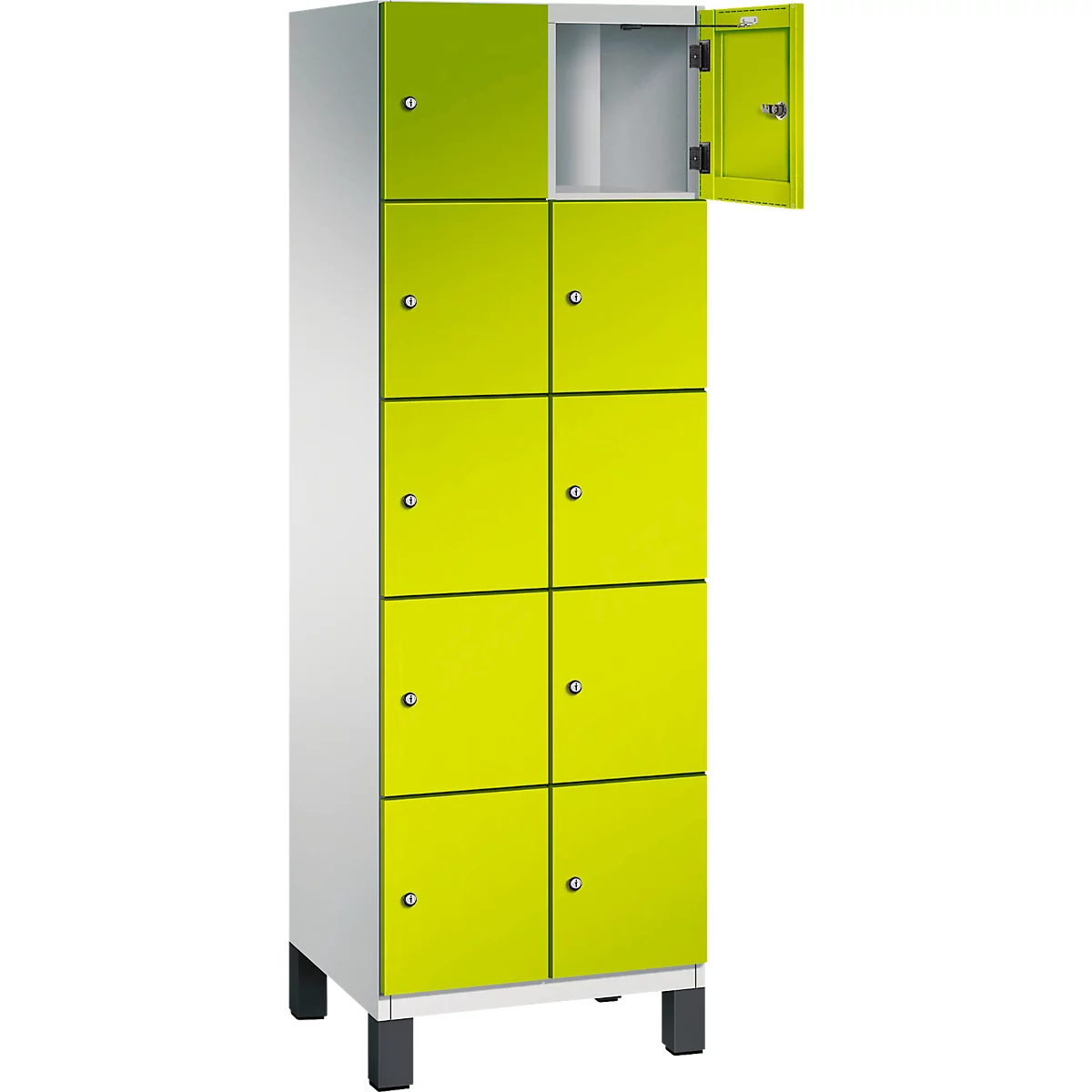Limoengroene kast met acht deuren, één deur open. De kast heeft een wit frame en staat op zwarte poten.
