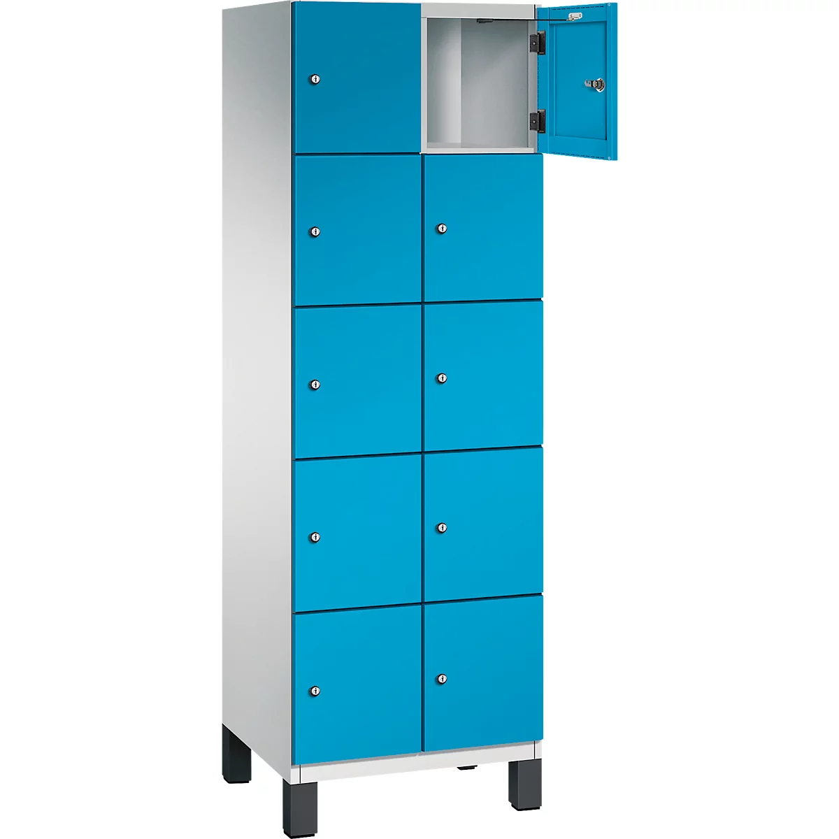 Blauw-witte kast met acht compartimenten, één open.