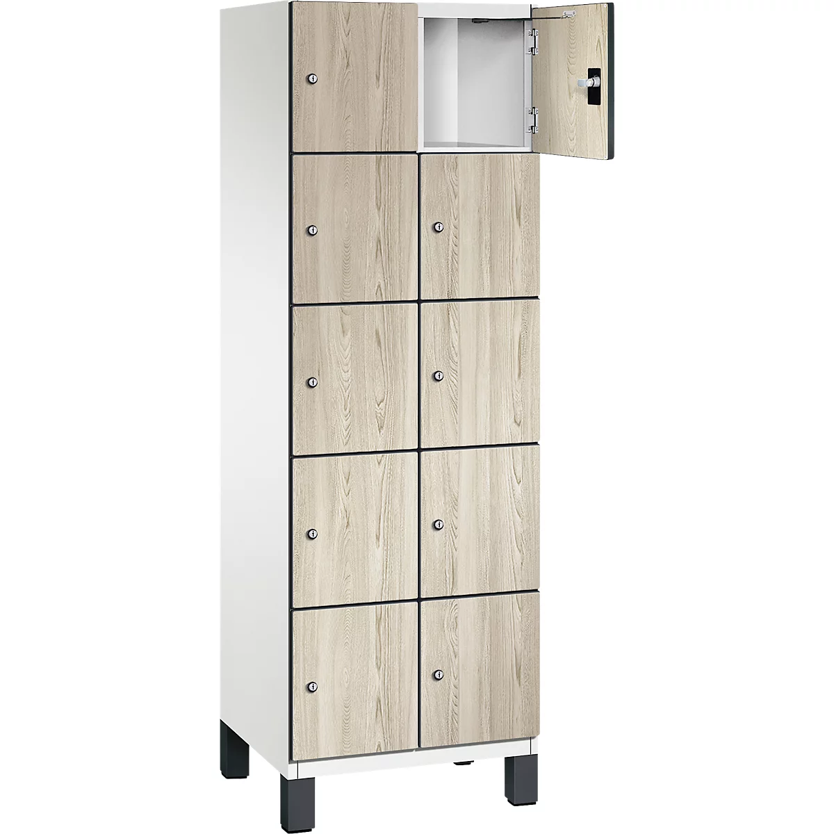 Een witte kast met acht deuren, waarvan één open is. De deuren hebben een houtlook. Enkele grijze metalen poten.