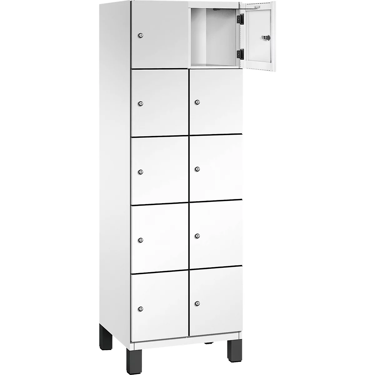 Witte locker met acht compartimenten. Eén deur staat open.