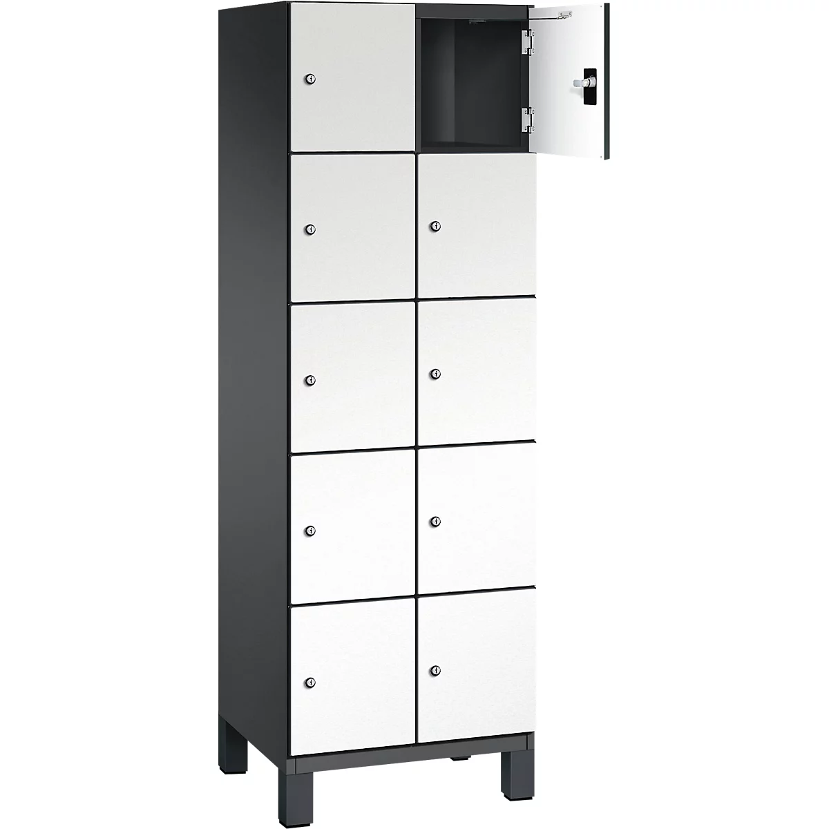 Kast met 8 compartimenten, wit met zilveren handgrepen. Een compartiment is open.