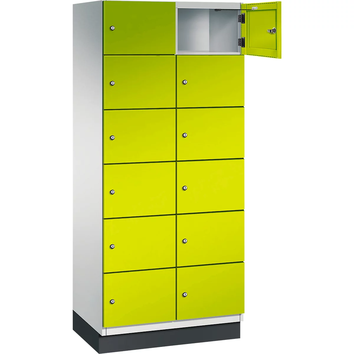 Kast met tien limoengroene deuren. Eén deur is open.