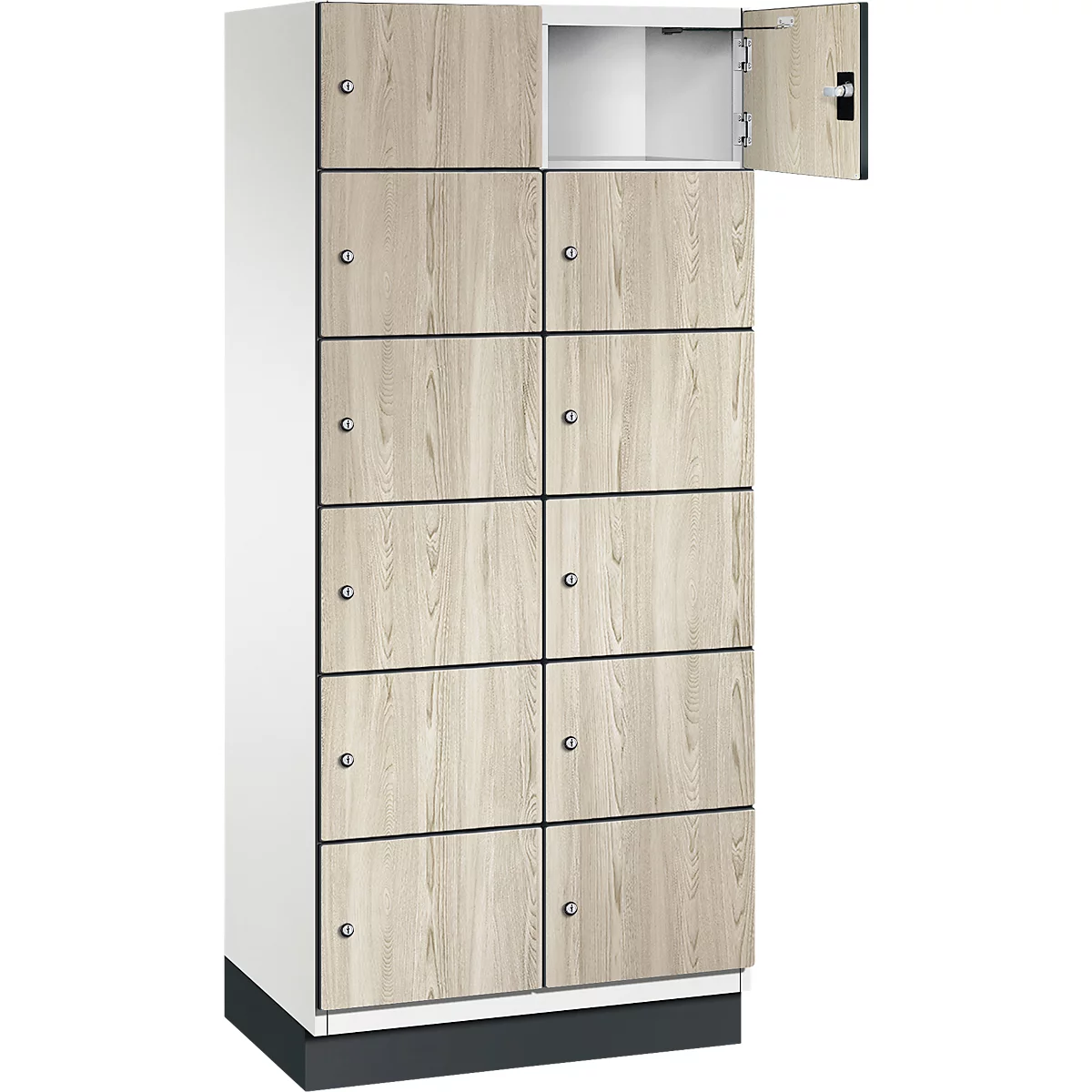 Hoge kast met 10 vakken, één vak open. Houtlook, grijze frames en handgrepen.