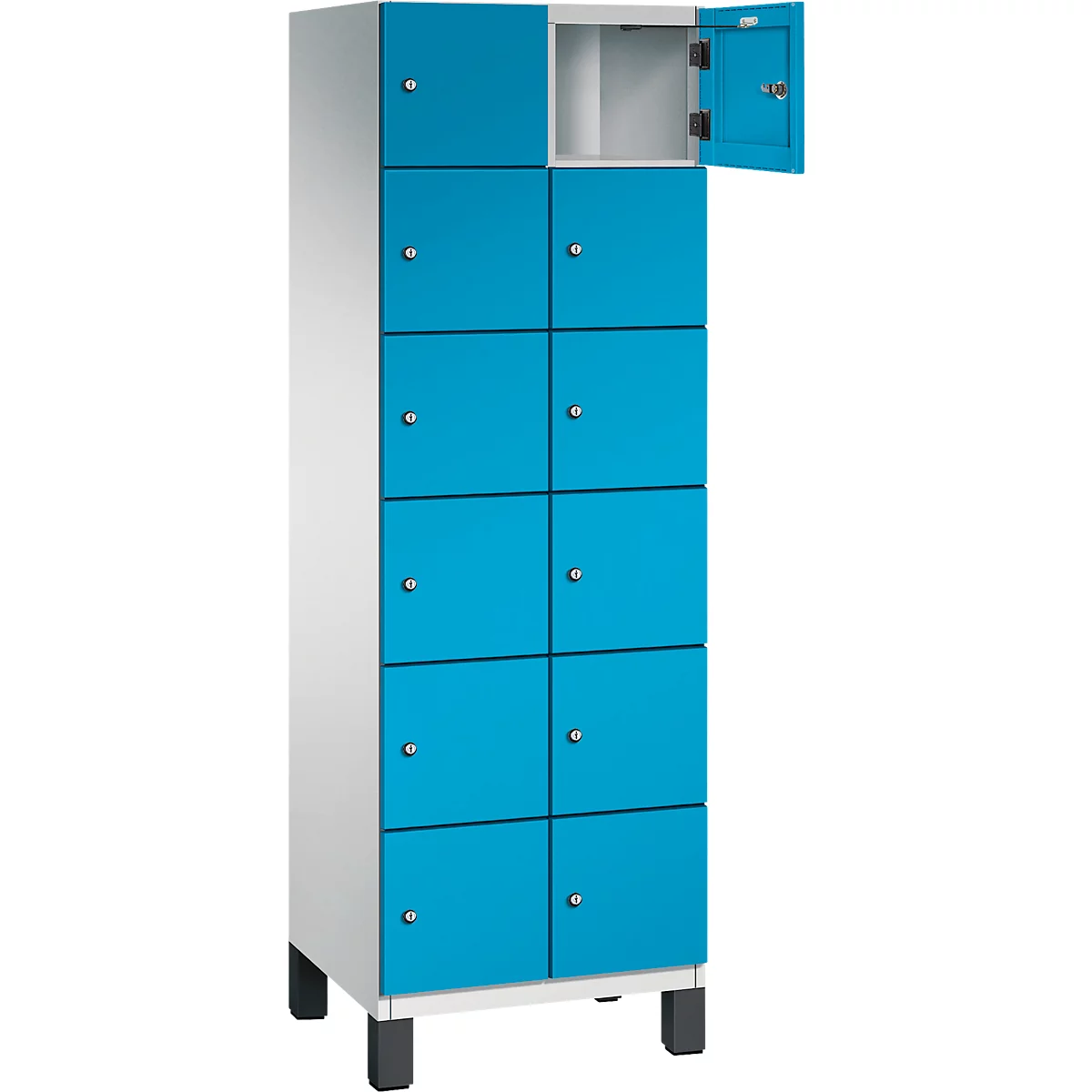 Kast met blauw-turkooizen deuren. Eén deur is open. Grijze behuizing, zwarte voeten.