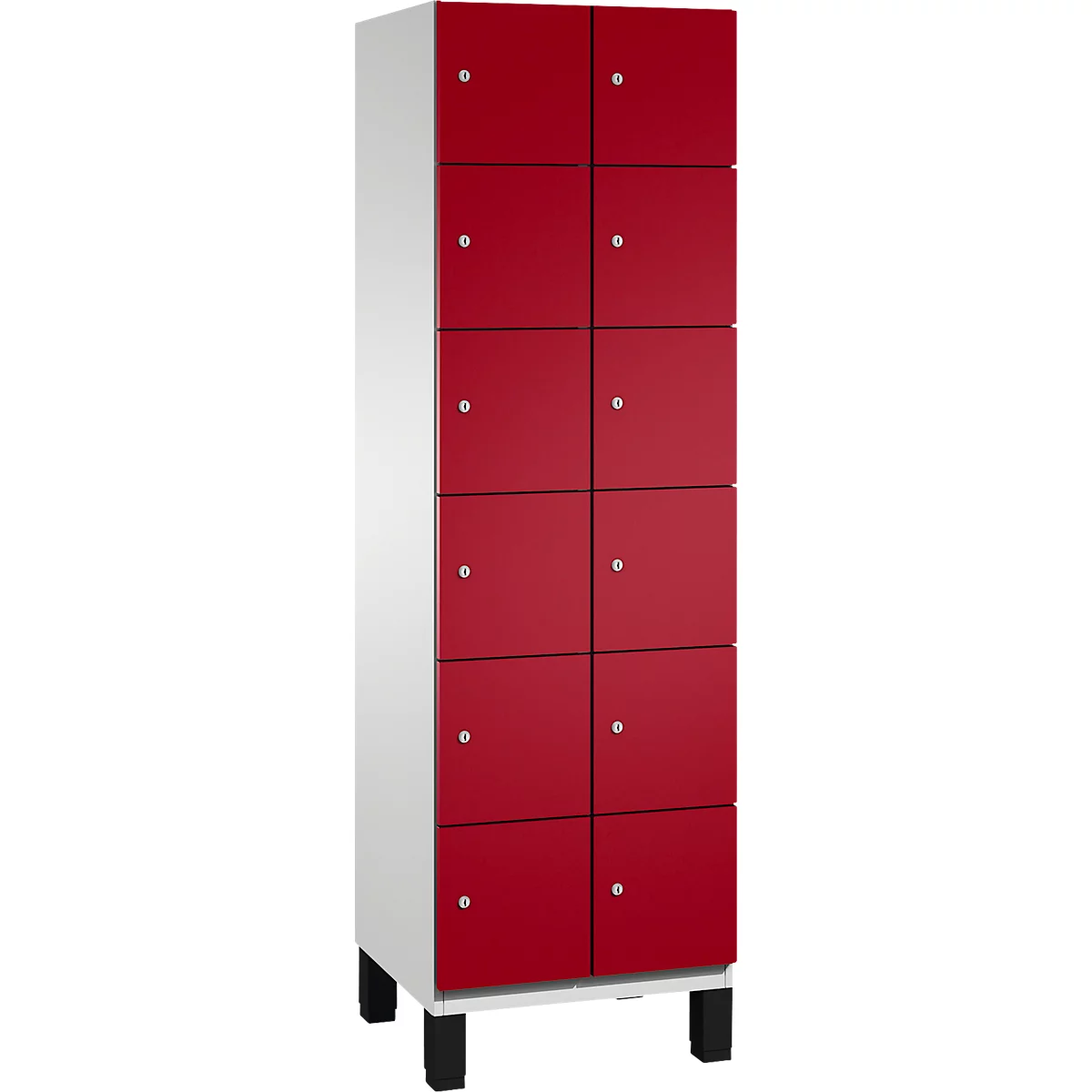 Een hoge kluis, rood en wit, met tien deuren en zwarte poten. Elke deur heeft een kleine, zilveren knop.