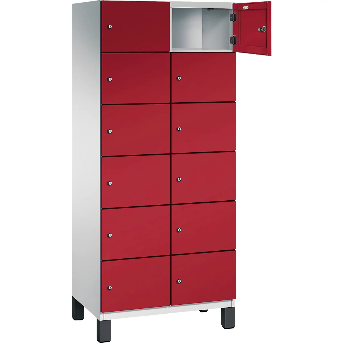 Rode locker met 10 compartimenten, waarvan één open is. Kast staat op zwarte poten.