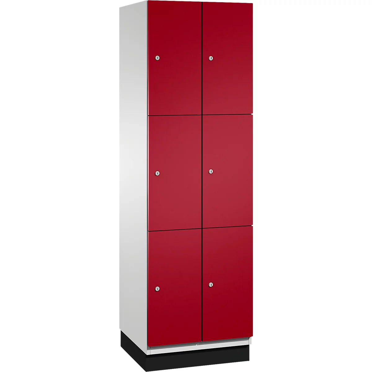 Een kast met zes rode deuren en witte zijkanten. Ronde, zilveren handgrepen en zwarte basis.