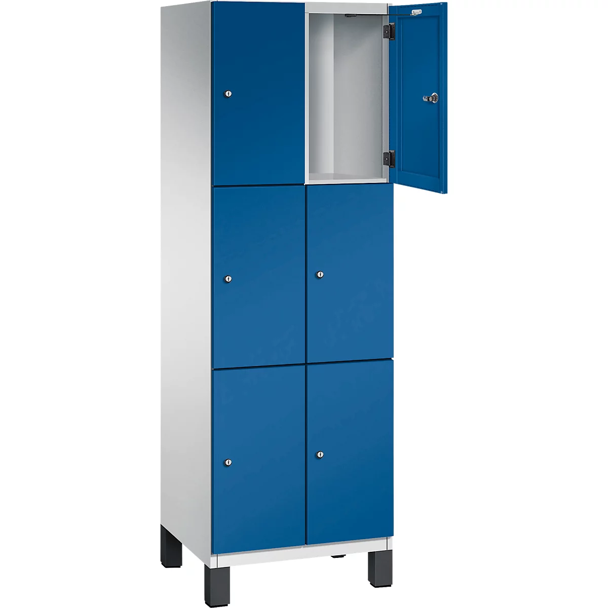 Een locker met zes compartimenten, blauw geverfd, met een open compartiment.