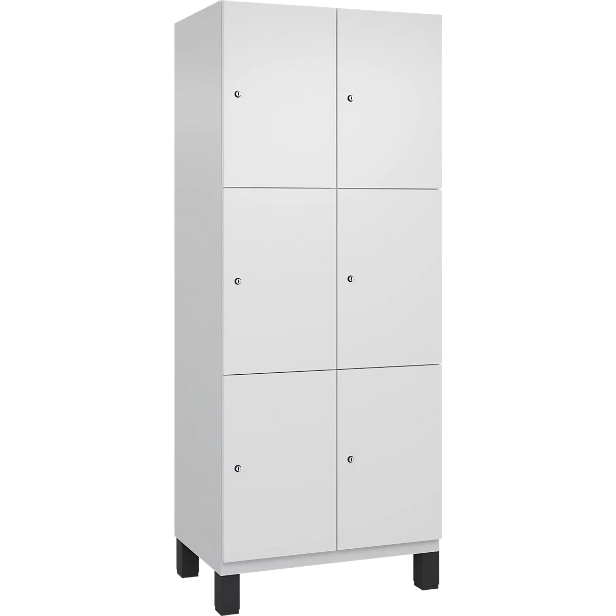 Witte kast met zes deuren, kleine knoppen en zwarte poten.