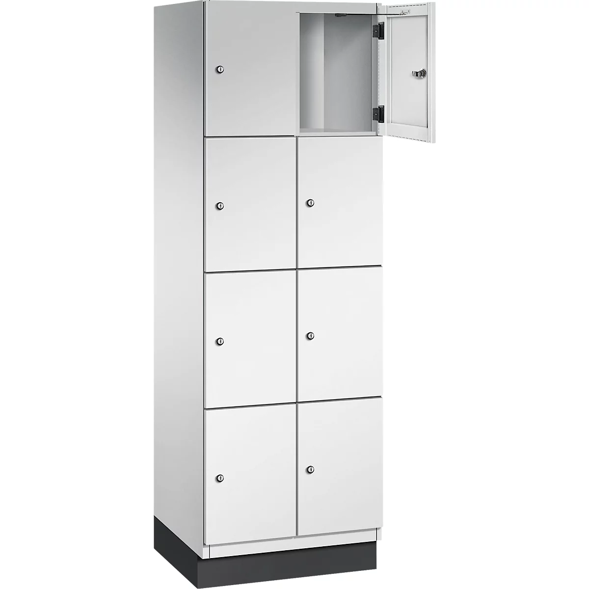 Witte kast met acht compartimenten; een deur staat open.