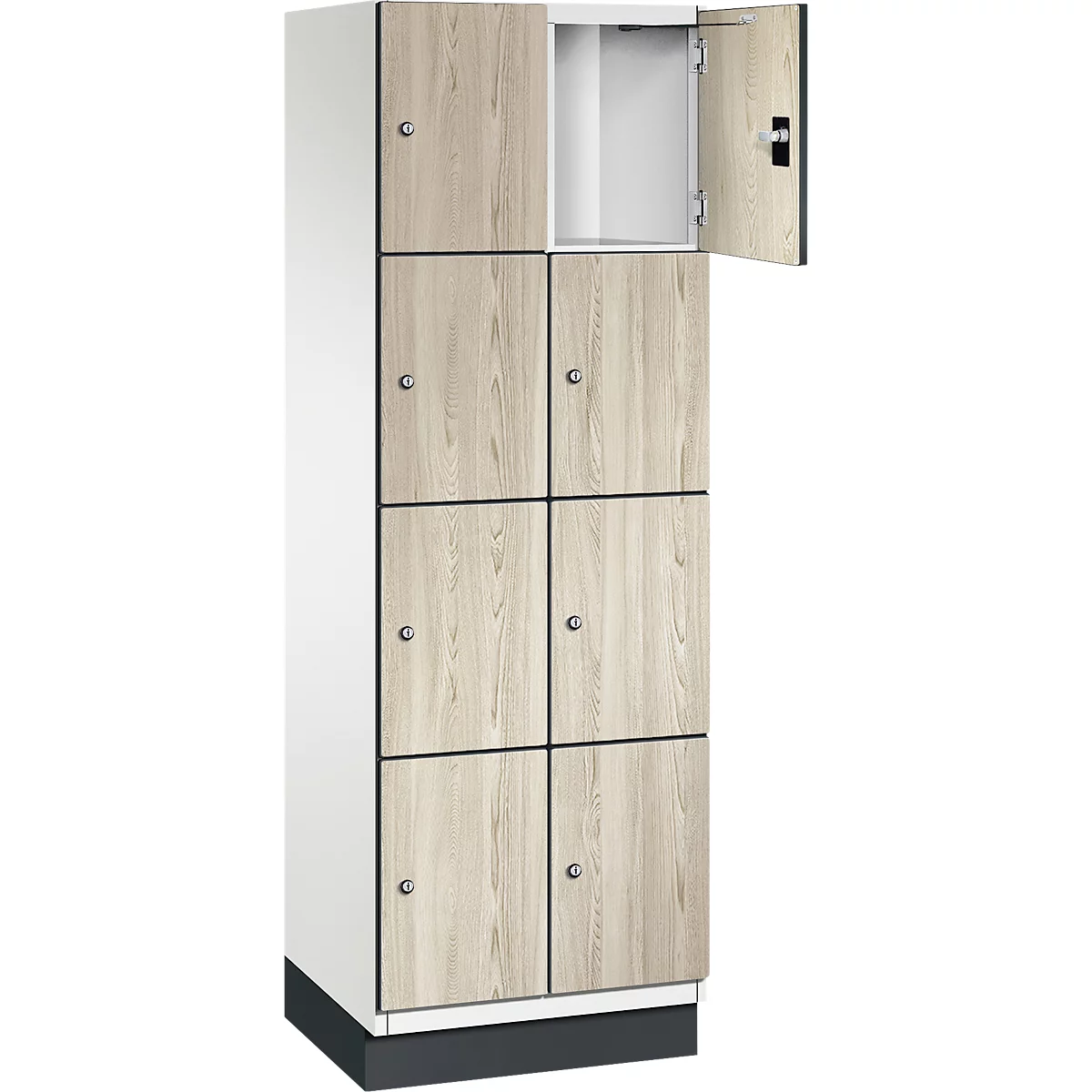 Kast met acht compartimenten, licht houten decor, één deur open.