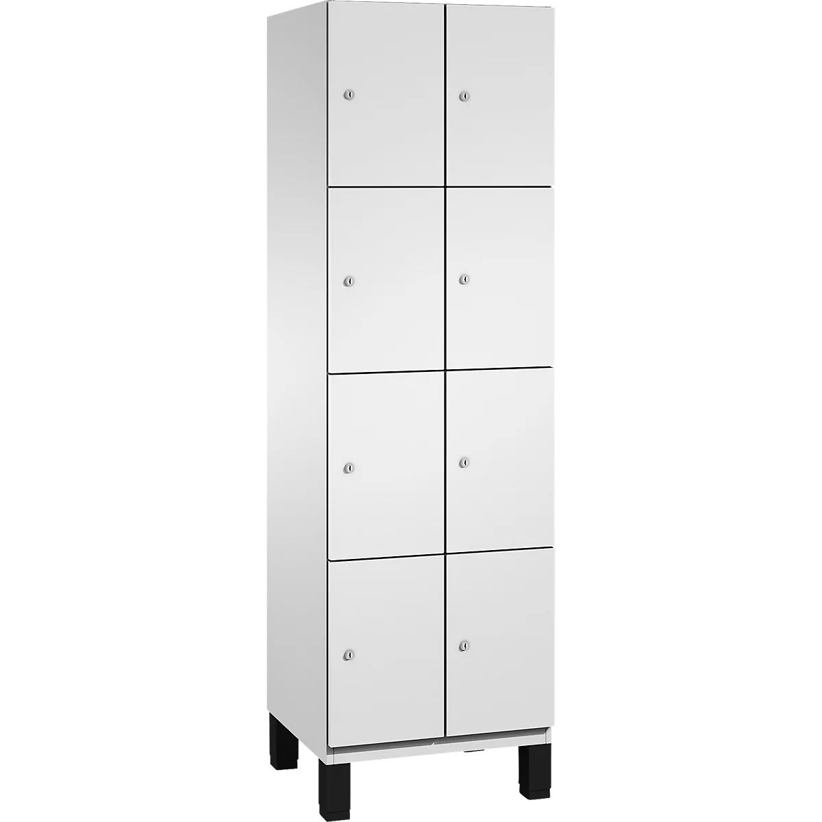 Witte kast met acht deuren en kleine ronde knoppen. Zwarte voeten.