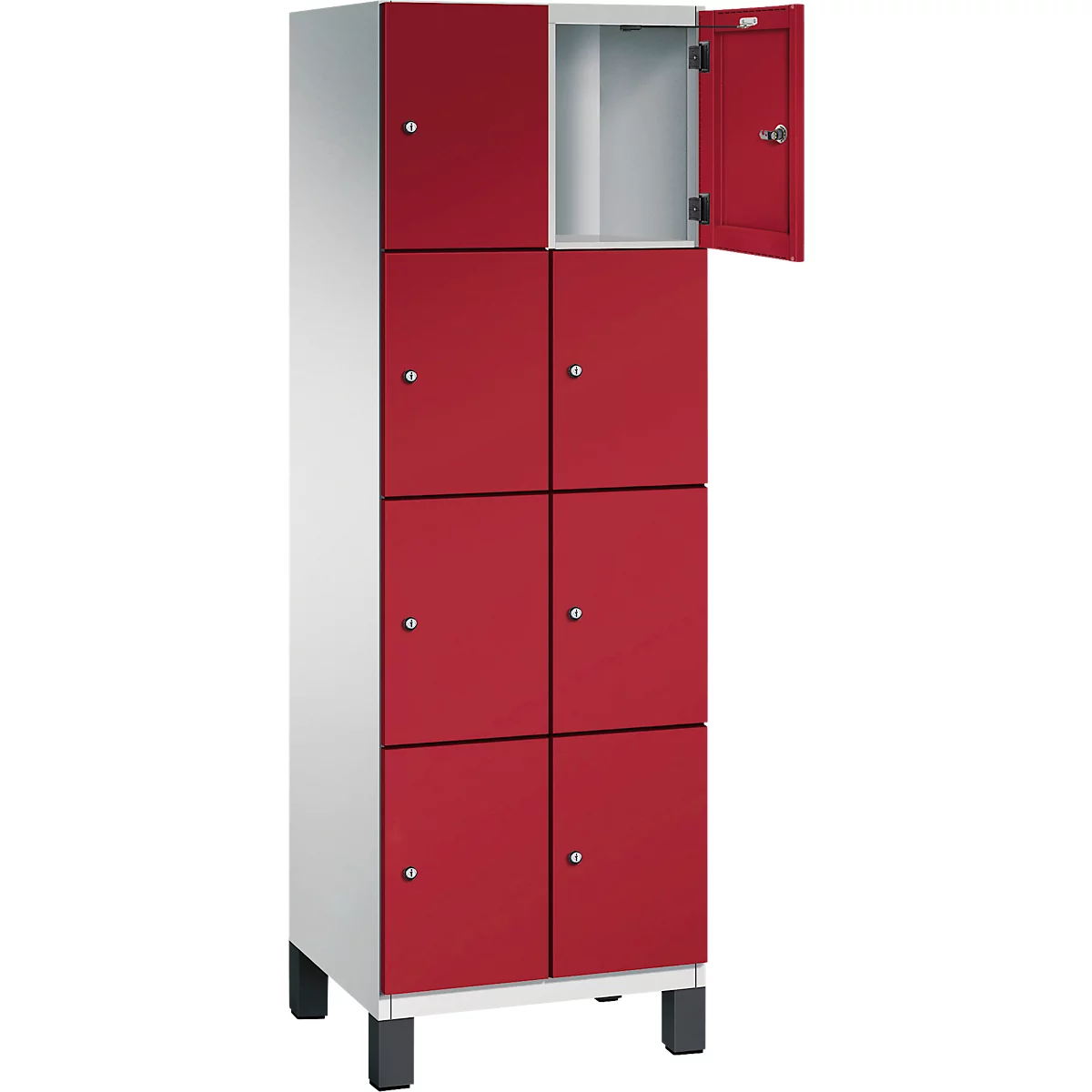 Kast met acht deuren, rood en wit. Een deur is open.