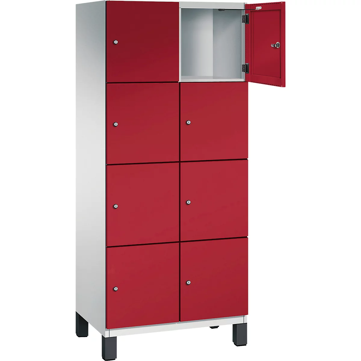 Rode kast met zes deuren, één deur open, grijze behuizing, staat op zwarte poten.