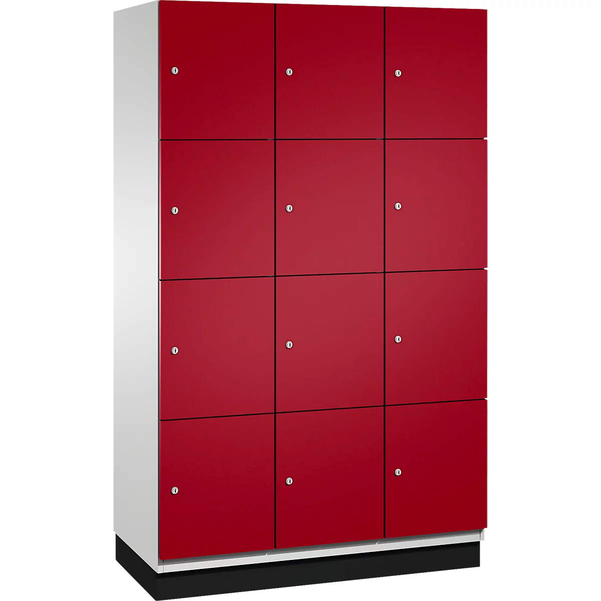 Kast met twaalf rode deuren en zilveren handgrepen, witte behuizing, op een zwarte basis.