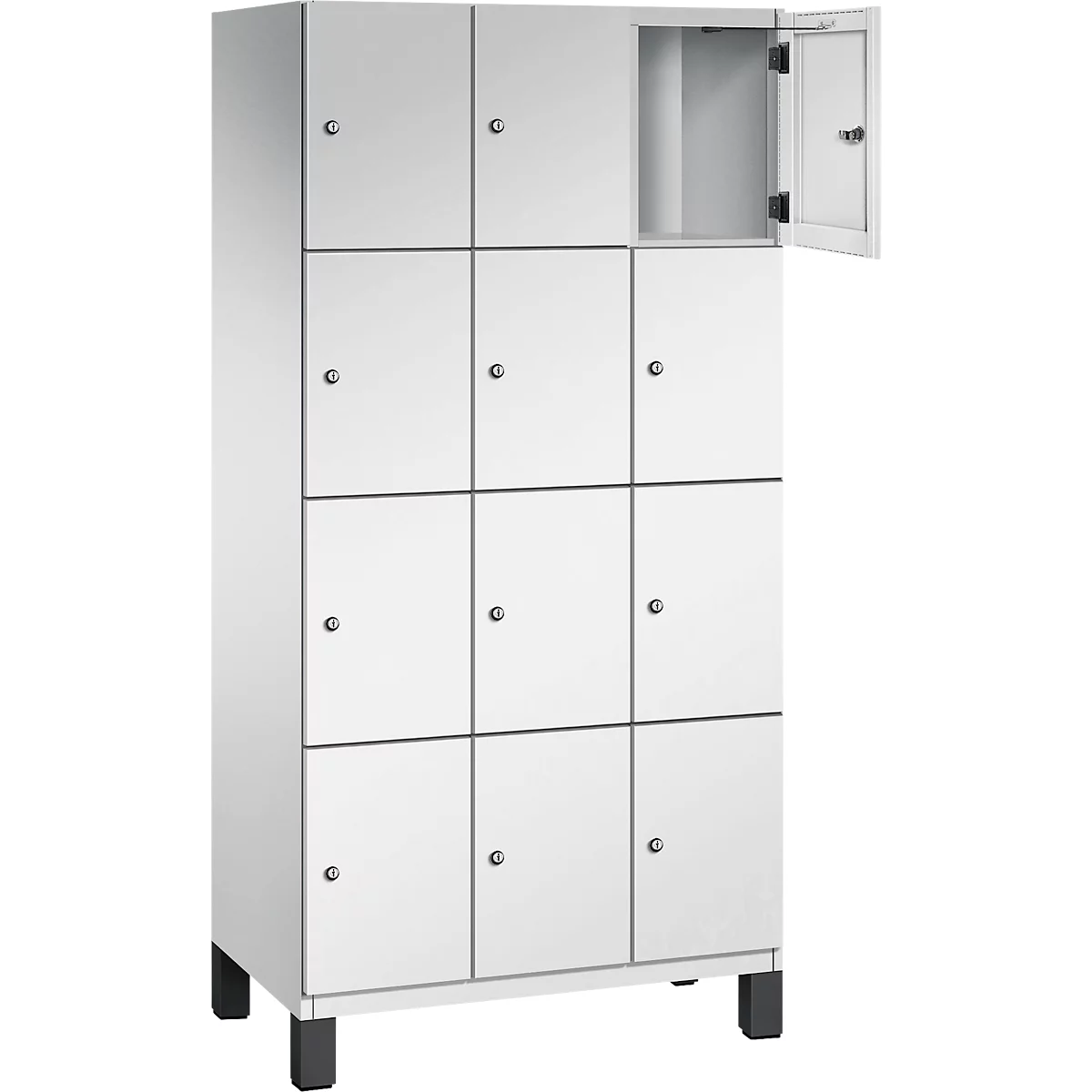 Witte locker met 12 compartimenten, één deur is open.