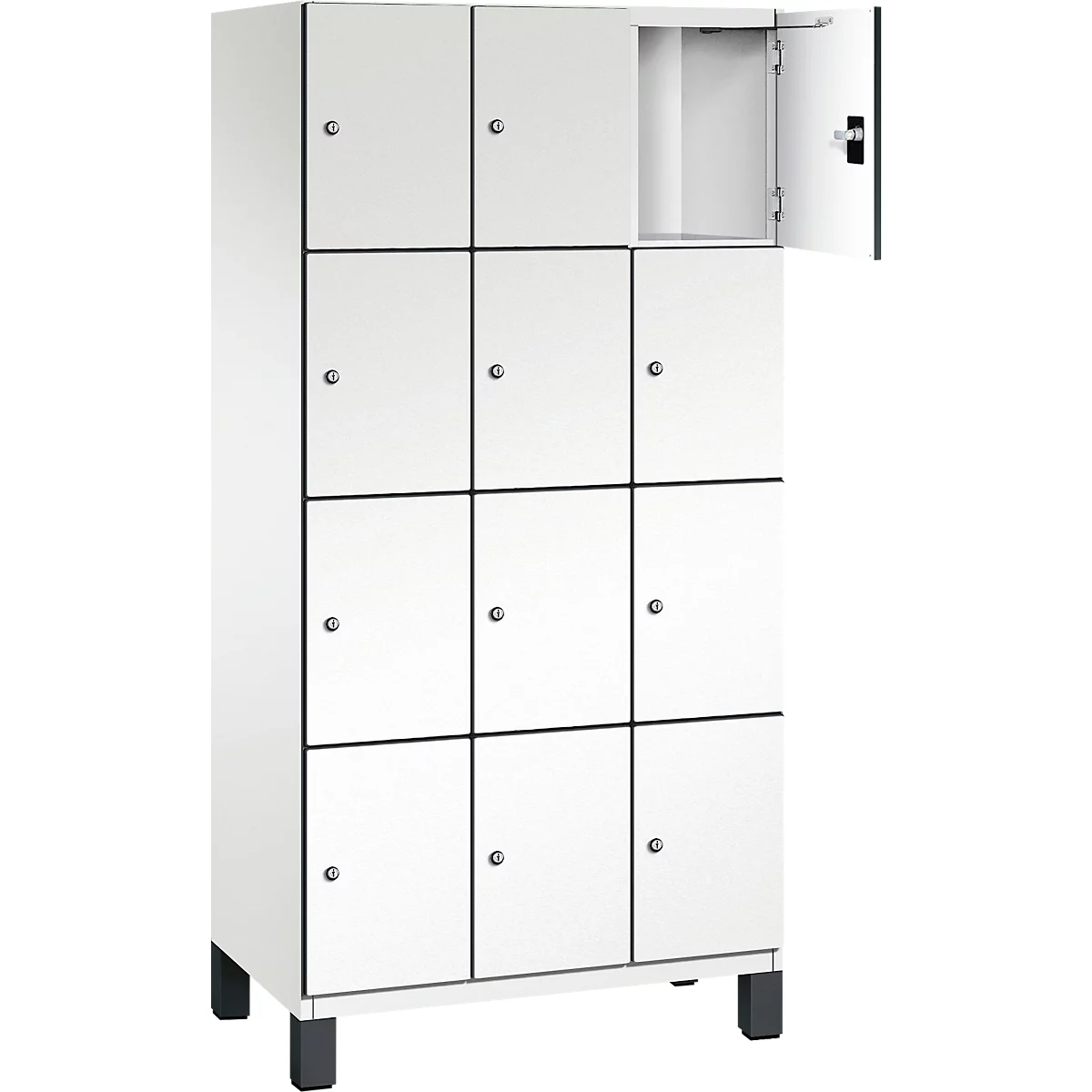 Witte locker met 12 compartimenten. Eén deur is open.