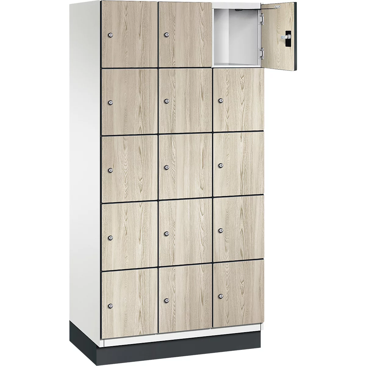 Meerdelige locker, lichte houtnerf, één deur open.