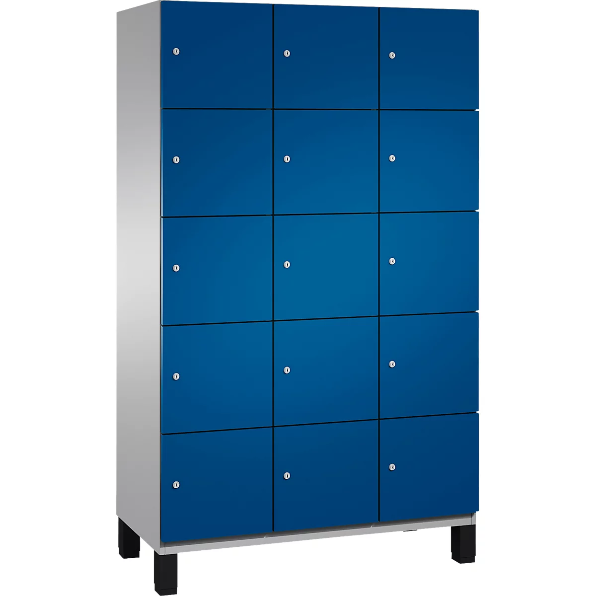 Blauwe locker met 12 vakken, zilveren handgrepen, op zwarte poten.