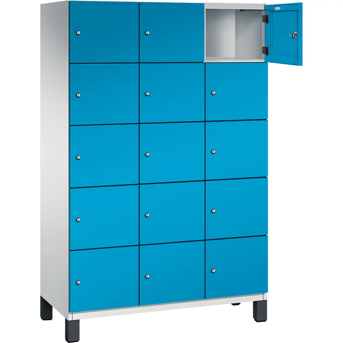 Blauwe locker met 12 deuren, één deur open. De kast is wit, de locker staat op zwarte poten.