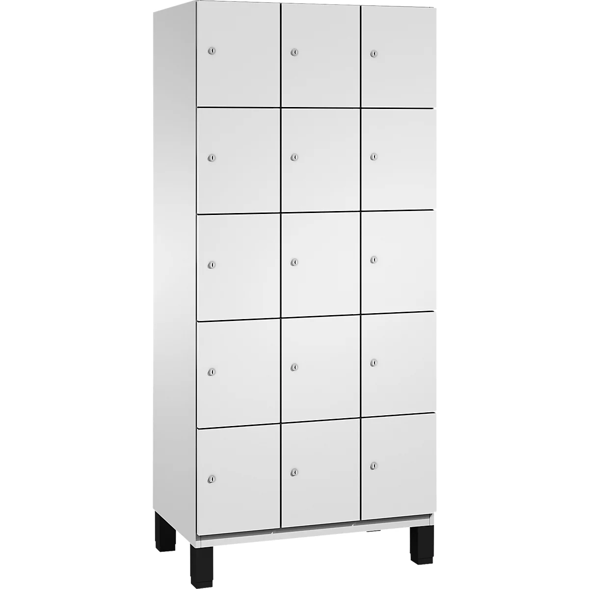 Witte locker met 12 vakken, zwarte poten en kleine metalen handgrepen.