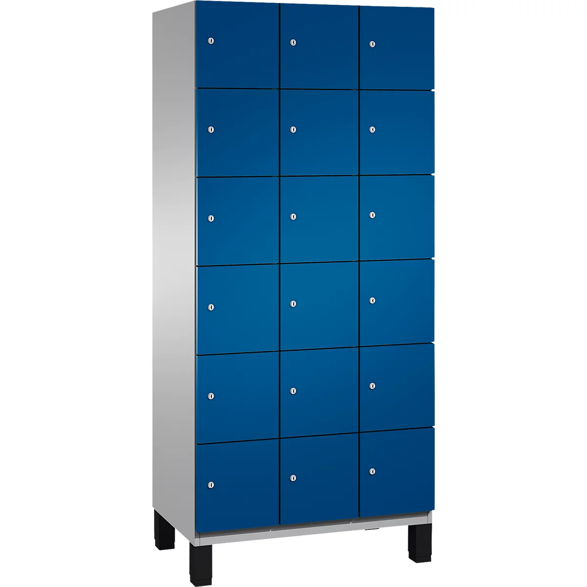 Een blauwe kast met 15 compartimenten, zilveren handgrepen, op zwarte poten.