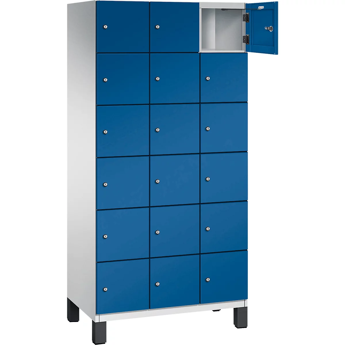Blauwe locker met open deur, meerdere compartimenten.