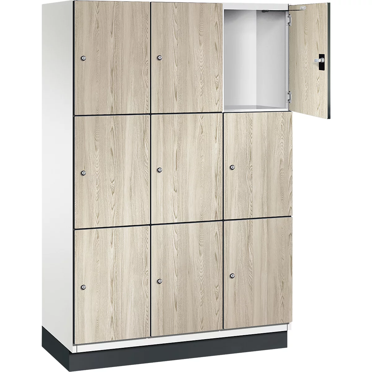 Kast met negen compartimenten; één deur open, lichte houtlook met zwarte kozijnen en handgrepen.