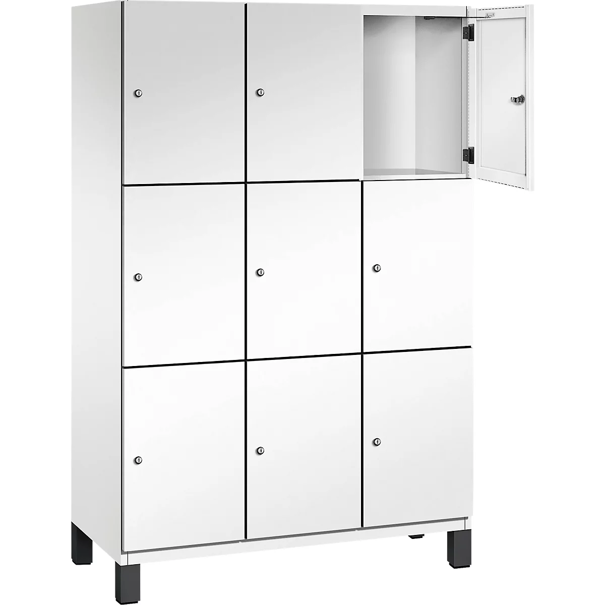 Witte kast met negen vakken, één vak open. Zwarte poten en frame.